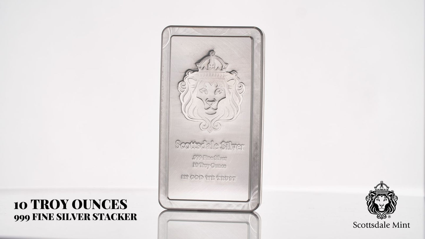 Scottsdale Stacker Lion 10 oz Silver Bar | 0.999 Fine Silver